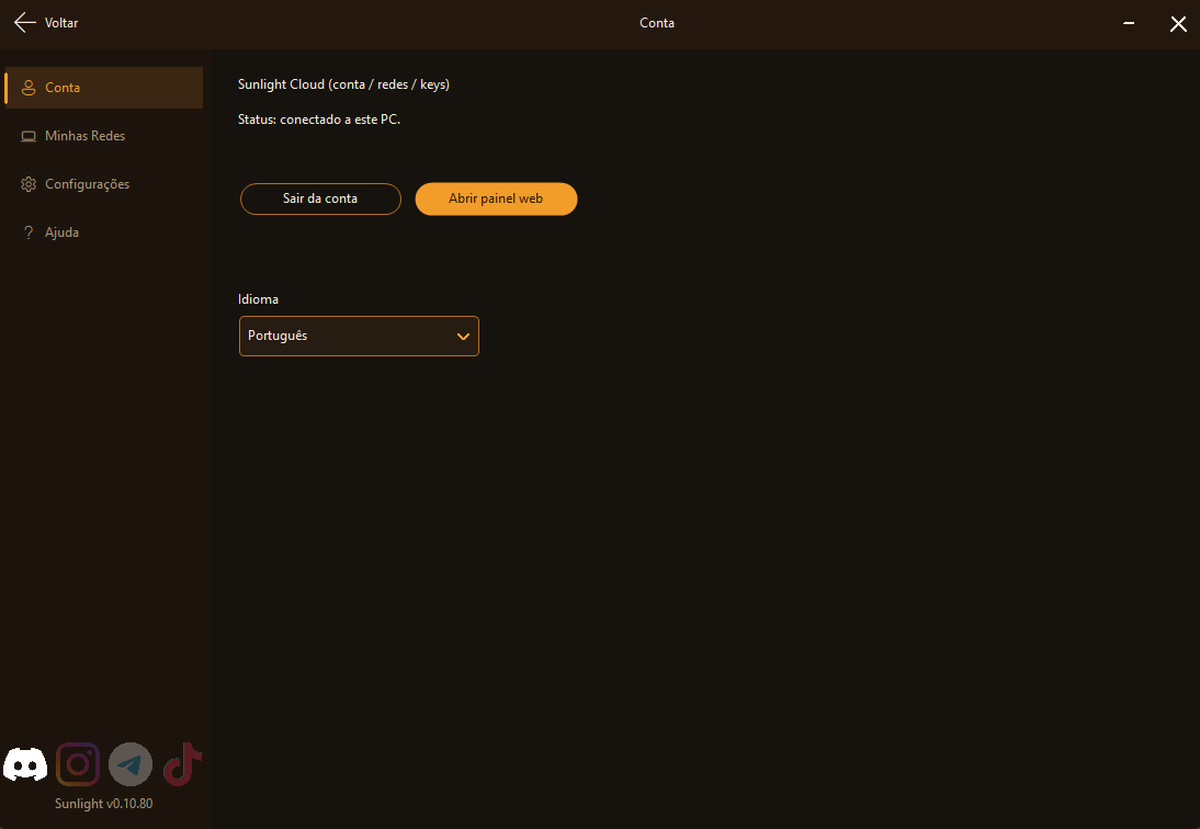 Conta Cloud vinculada neste PC no Sunlight para Windows.
