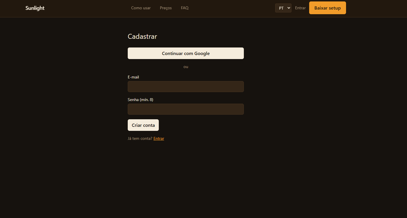 Cadastro no site: Google ou e-mail e senha.