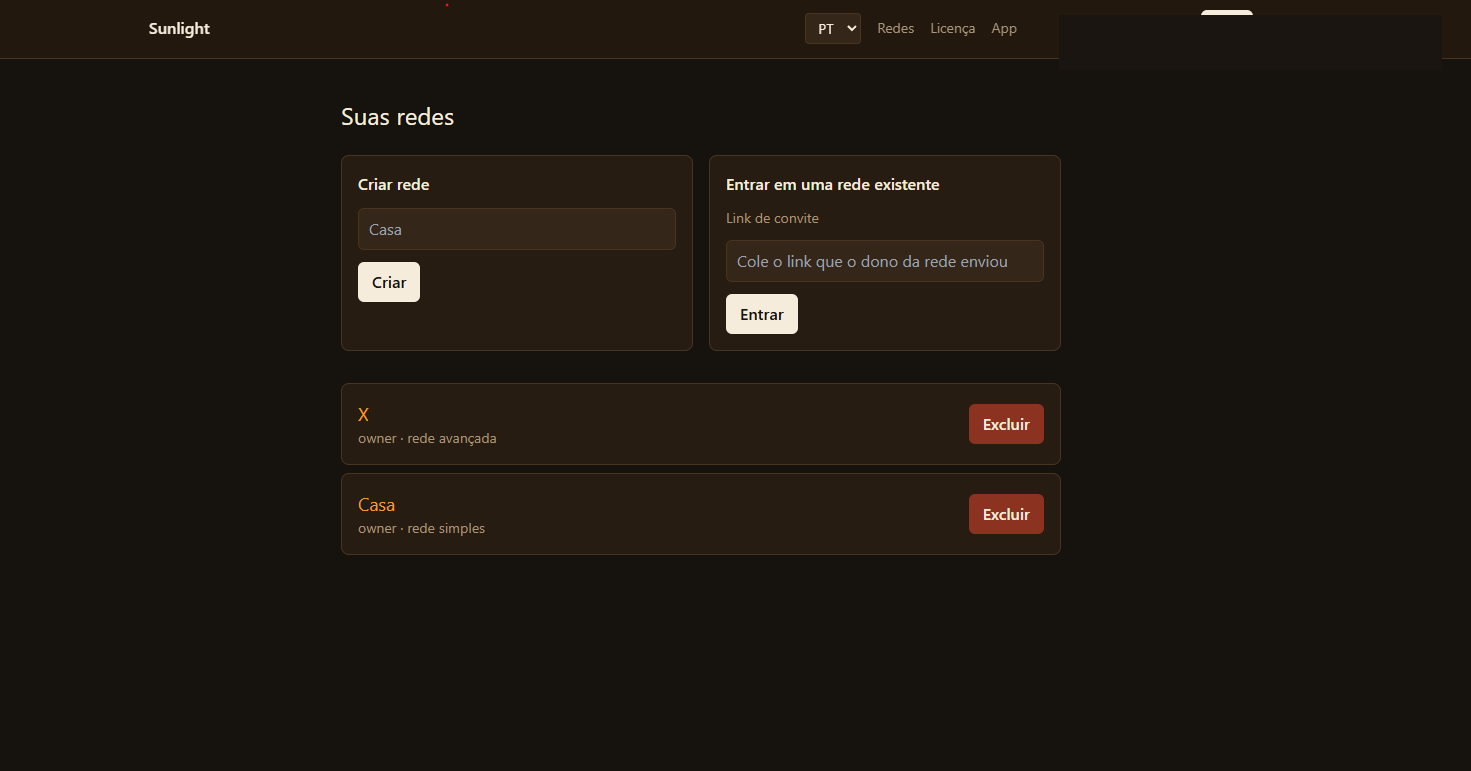 Painel: criar rede ou entrar com link.