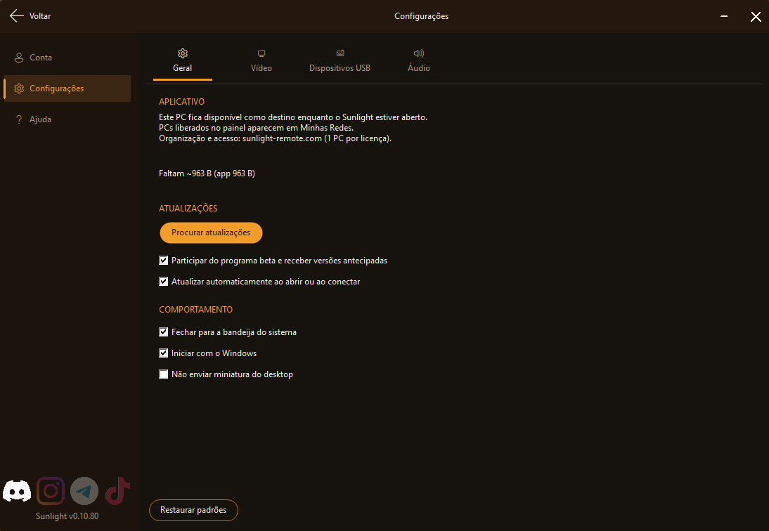 Configurações > Geral no app.
